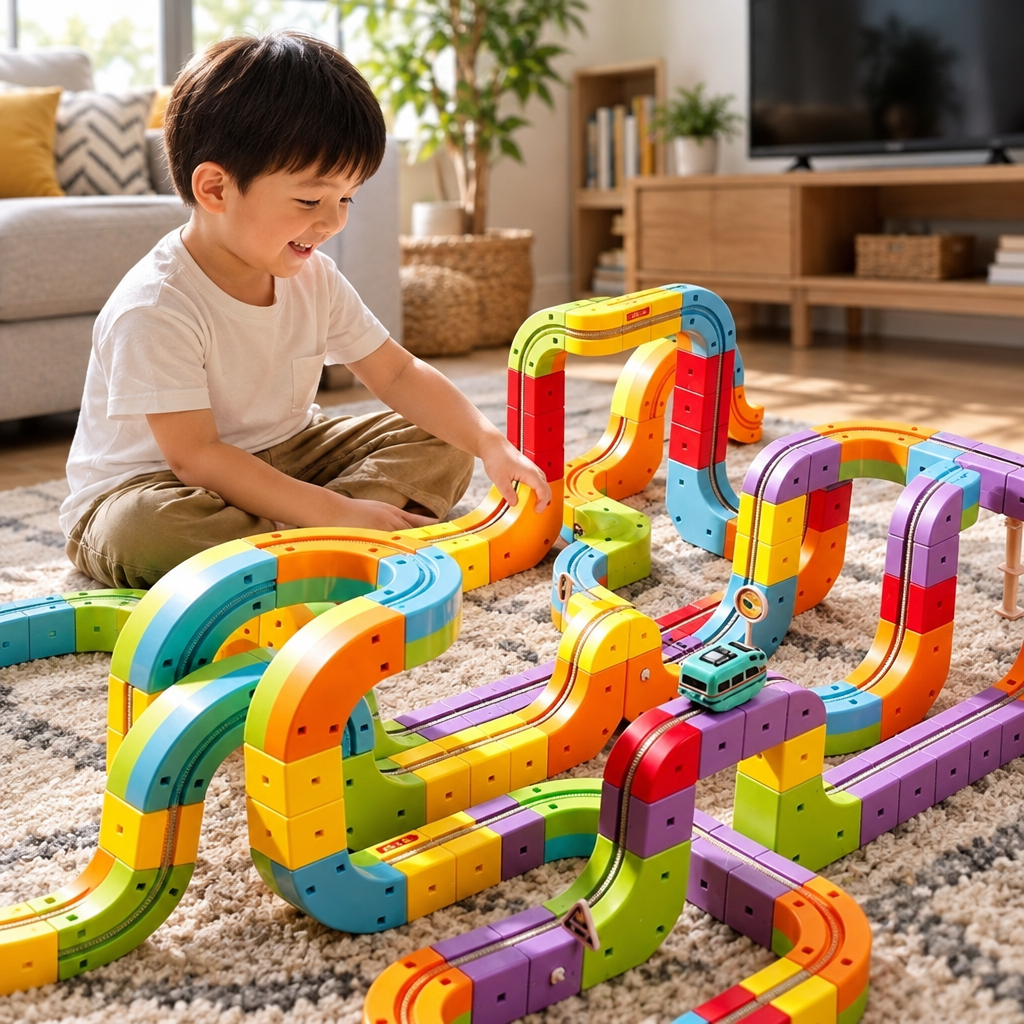 Child building a Magtoot track